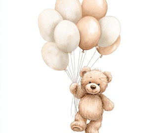 10 Printable Beige Teddy Bear Clipart, Watercolor Air Balloons print, Beige Baby Shower Invitation, Cute Boho Nursery Illustration