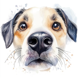 Könnte beinhalten: Ein Aquarellbild eines Hundefaces. Der Hund hat braunes und schwarzes Fell, eine schwarze Nase und braune Augen. Der Hund schaut direkt auf den Betrachter.