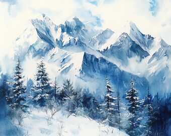絵画 Winter Mountains Painting of a Winter Mountain Landscape - Etsy