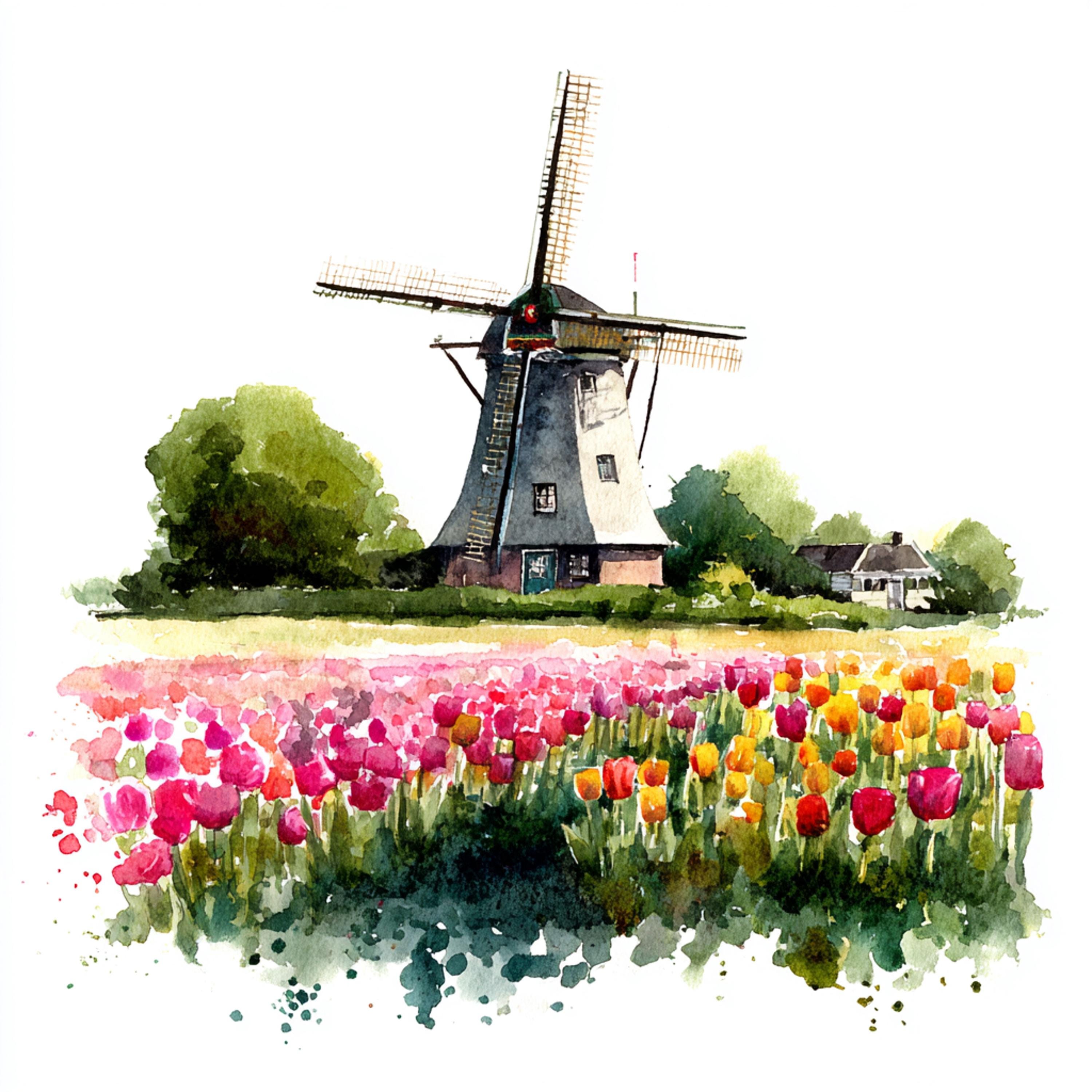 12 Printable Windmills, Watercolor Windmill and Tulip Fields Clipart