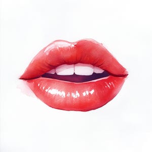 Può includere: Dipinto ad acquerello di labbra rosse con finitura lucida. Le labbra sono leggermente socchiuse, rivelando denti bianchi e un interno scuro. L'opera è su sfondo bianco.