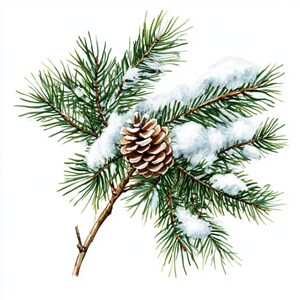 May include: A snowy pine branch with a brown pine cone. The branch is green and the snow is white.