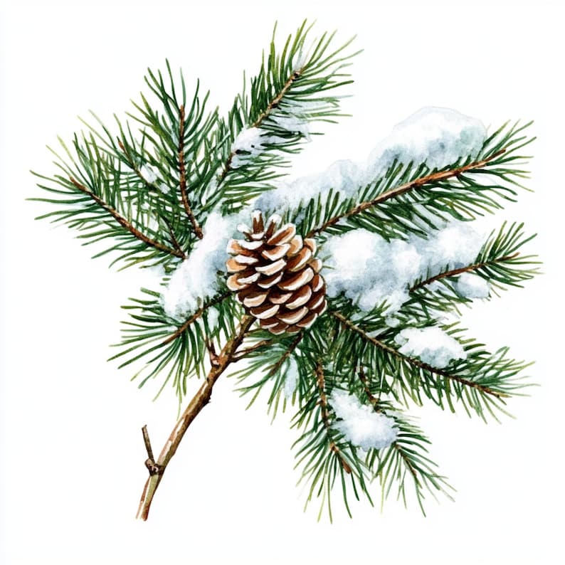 May include: A snowy pine branch with a brown pine cone. The branch is green and the snow is white.