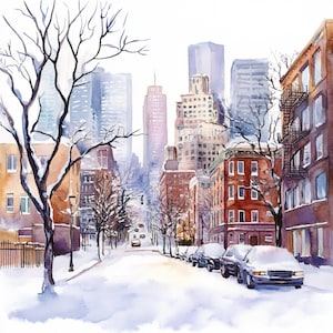 New York City kerstkaart, aquarelkunst, kerstkaart, 10 illustraties, afdrukbare JPG's, Snowy New York City, commercieel gebruik, Winter City-kunst