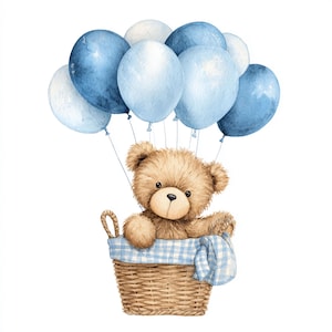Puede incluir: Ilustración en acuarela de un oso de peluche en una cesta de mimbre, sostenido por globos azules y blancos. La cesta tiene un forro a cuadros azul y blanco. El oso de peluche tiene pelaje marrón y una expresión dulce.