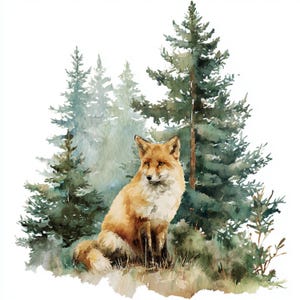 May include: A watercolour painting depicting a fox with orange and white fur, set against a backdrop of green pine trees. The artwork has a soft, natural aesthetic, with a focus on the animal and its forest environment. The fox is the focal point.