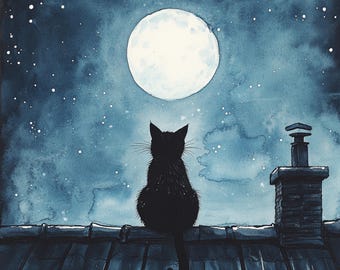 10 印刷可能な月光の黒猫、黒猫のプリント、魔女の壁アート、月光の