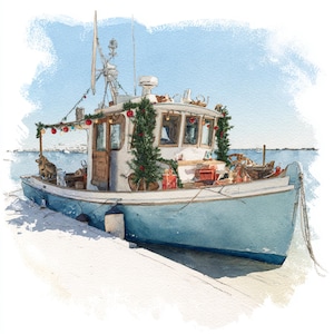 May include: Watercolor painting of a light blue boat decorated for Christmas. The boat has a white cabin, adorned with Christmas trees, red ornaments, and wrapped gifts. A dog figure stands on the bow, with a blue sky and water in the background.