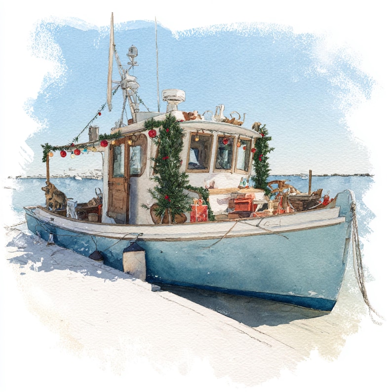 May include: Watercolor painting of a light blue boat decorated for Christmas. The boat has a white cabin, adorned with Christmas trees, red ornaments, and wrapped gifts. A dog figure stands on the bow, with a blue sky and water in the background.