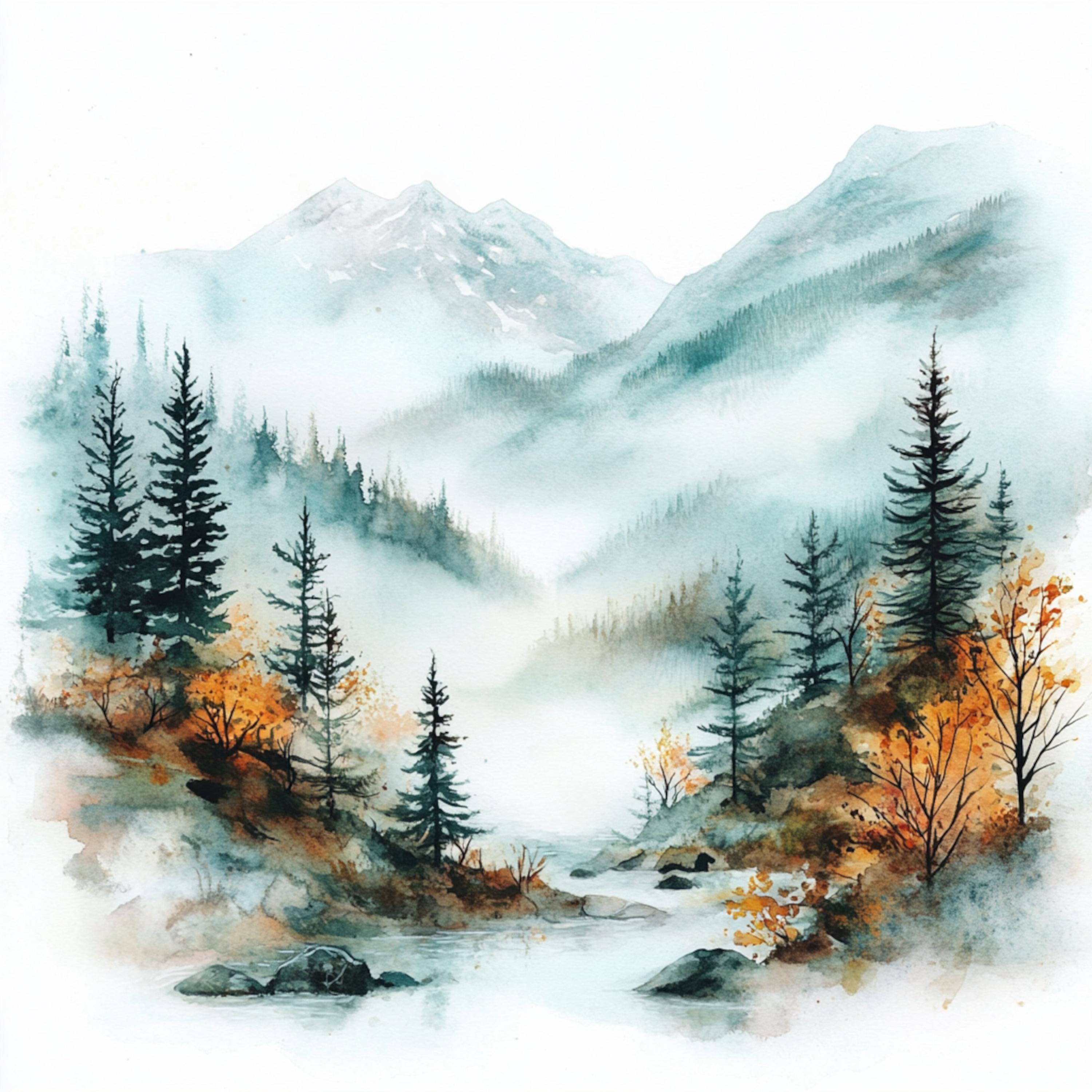 10 印刷可能な霧の山、秋の森のプリント、山の水彩画、秋の風景、商業