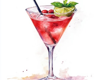 10 Printable Cosmopolitan, watercolor Images, Cosmopolitan cocktails art, Commercial Use, Paper design, Cosmopolitan print