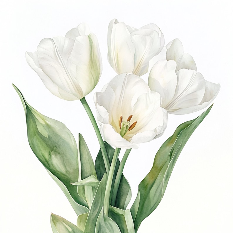 Puede incluir: Un ramo de tulipanes blancos con tallos y hojas verdes. Los tulipanes est&aacute;n dispuestos en un racimo, con las flores mirando hacia afuera.