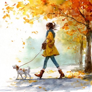 12 utskrivbara höstkvinnor som promenerar med hund, höstpromenader, kvinnor med hund, akvarell clipart, högkvalitativa JPG-bilder, kommersiellt bruk