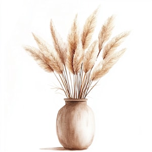 10 Printable Pampa Grass art, watercolor Pampa in vase, Boho Pampa Grass Clip Art, Commercial Use, Boho Wall Art, Pampa bunch
