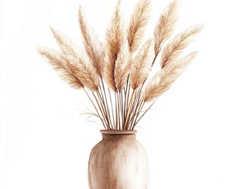 10 Printable Pampa Grass art, watercolor Pampa in vase, Boho Pampa Grass Clip Art, Commercial Use, Boho Wall Art, Pampa bunch
