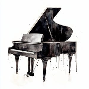 Pu&ograve; includere: Illustrazione ad acquerello di un pianoforte a coda nei toni del nero e del grigio. I tasti del pianoforte sono bianchi e le gambe sono sottili. La parola "Steinway" &egrave; visibile sul pianoforte. L'opera d'arte ha uno stile minimalista.