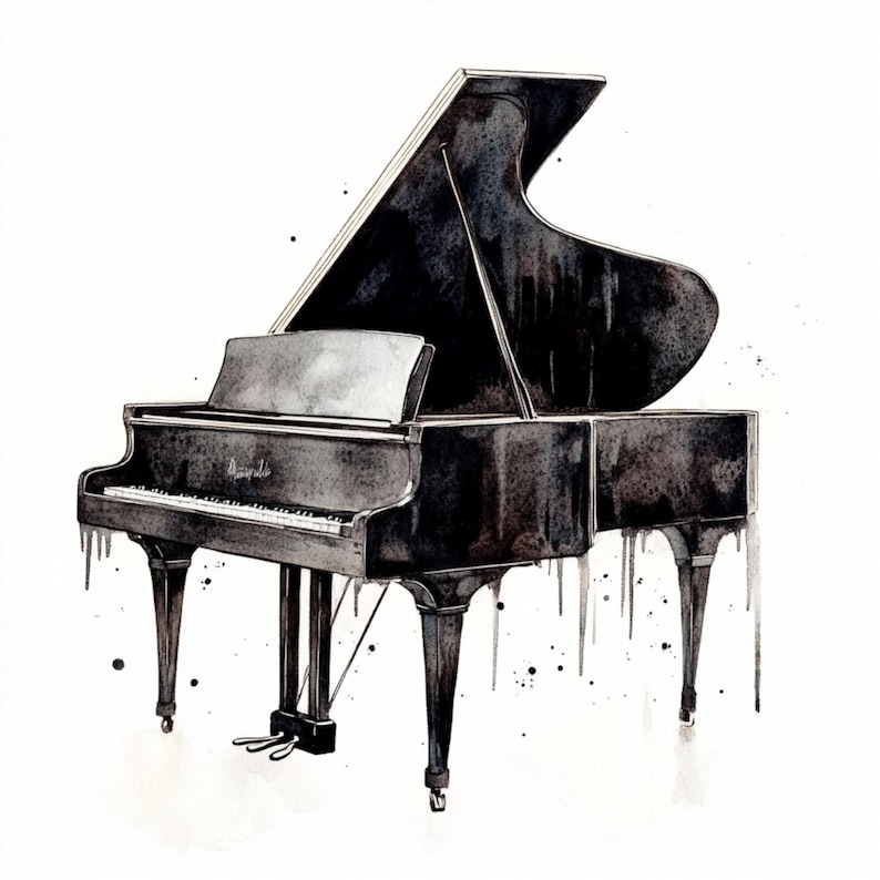 Pu&ograve; includere: Illustrazione ad acquerello di un pianoforte a coda nei toni del nero e del grigio. I tasti del pianoforte sono bianchi e le gambe sono sottili. La parola "Steinway" &egrave; visibile sul pianoforte. L'opera d'arte ha uno stile minimalista.