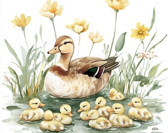 10 Printable Mom Duck with babies, watercolor Mother Duck and baby, Cute ClipArt, wild birds, Commercial use, Farm animal, Baby Duck art