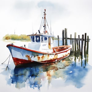 Pode incluir: Um barco de pesca branco e vermelho desgastado está atracado em um píer de madeira. O barco está parcialmente submerso na água, com seu reflexo visível na água.
