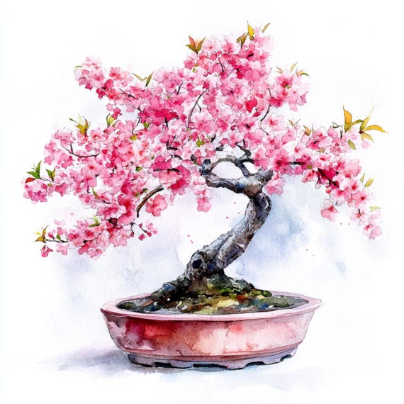 10 印刷可能な桜の盆栽、水彩画の花の盆栽、鉢植えの盆栽、盆栽の植物