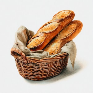 Può includere: Dipinto ad acquerello di due baguette dorate in un cesto di vimini intrecciato. Il pane ha una crosta strutturata e poggia su un panno di lino beige. Il cesto è di colore marrone caldo.