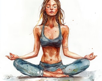 10 Printable Meditation woman, watercolor woman, Meditation Clip Art, Commercial Use, Paper design, Girl sitting on Meditation pose