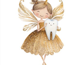 May include: Watercolor illustration of a tooth fairy with a gold dress, wings, and a unicorn horn. The fairy is holding a smiling tooth. The image has a whimsical and magical theme.