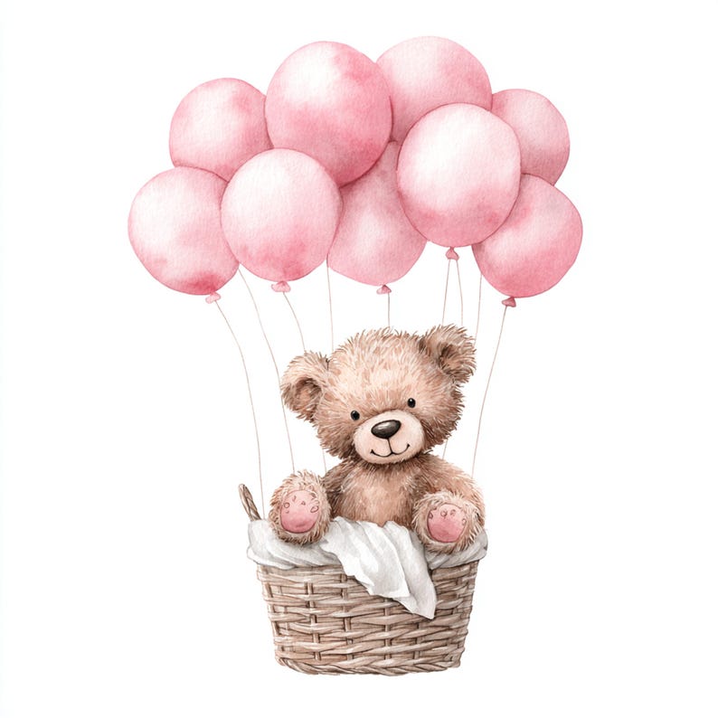 Peut inclure: Illustration à l'aquarelle d'un ours en peluche dans un panier en osier, suspendu par des ballons roses. L'ours a une expression amicale, entouré de ballons roses pastel, créant une scène fantaisiste et charmante.