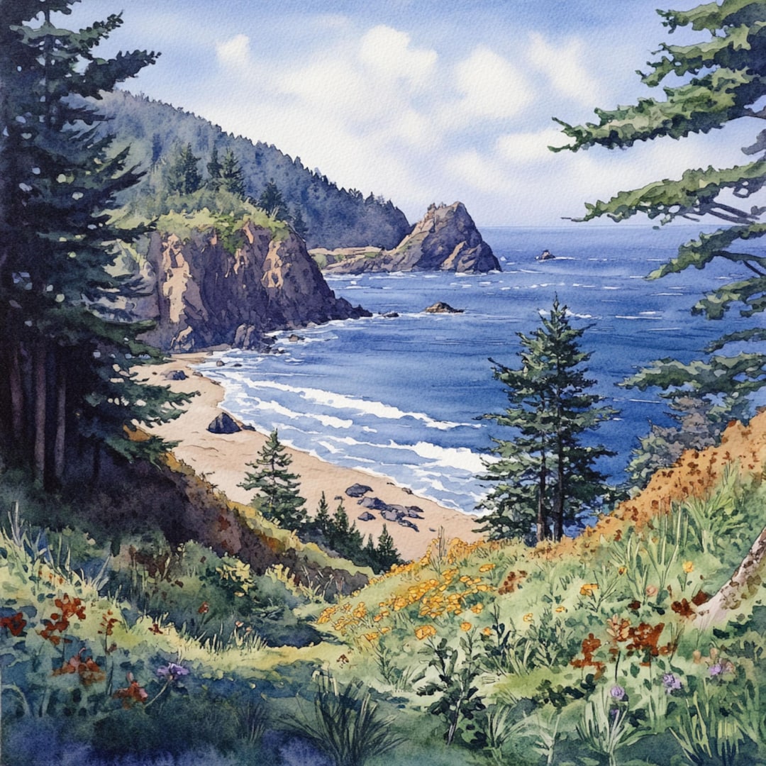 印刷可能な北カリフォルニア海岸の風景画10点、海岸の風景画、水彩