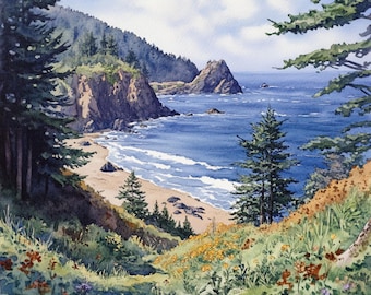 印刷可能な北カリフォルニア海岸の風景画10点、海岸の風景画、水彩
