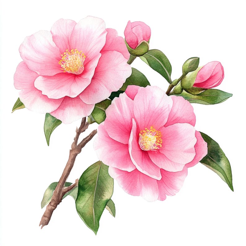 May include: A watercolor painting of pink camellia flowers with green leaves. The flowers are in bloom and have a delicate, feminine appearance.