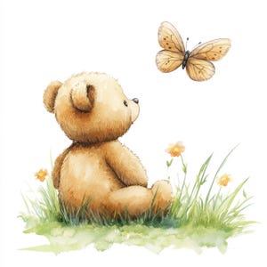 10 Printable Cute Teddy Bear, watercolor Teddy with butterfly, Printable JPG, Nursery Teddy Bear print