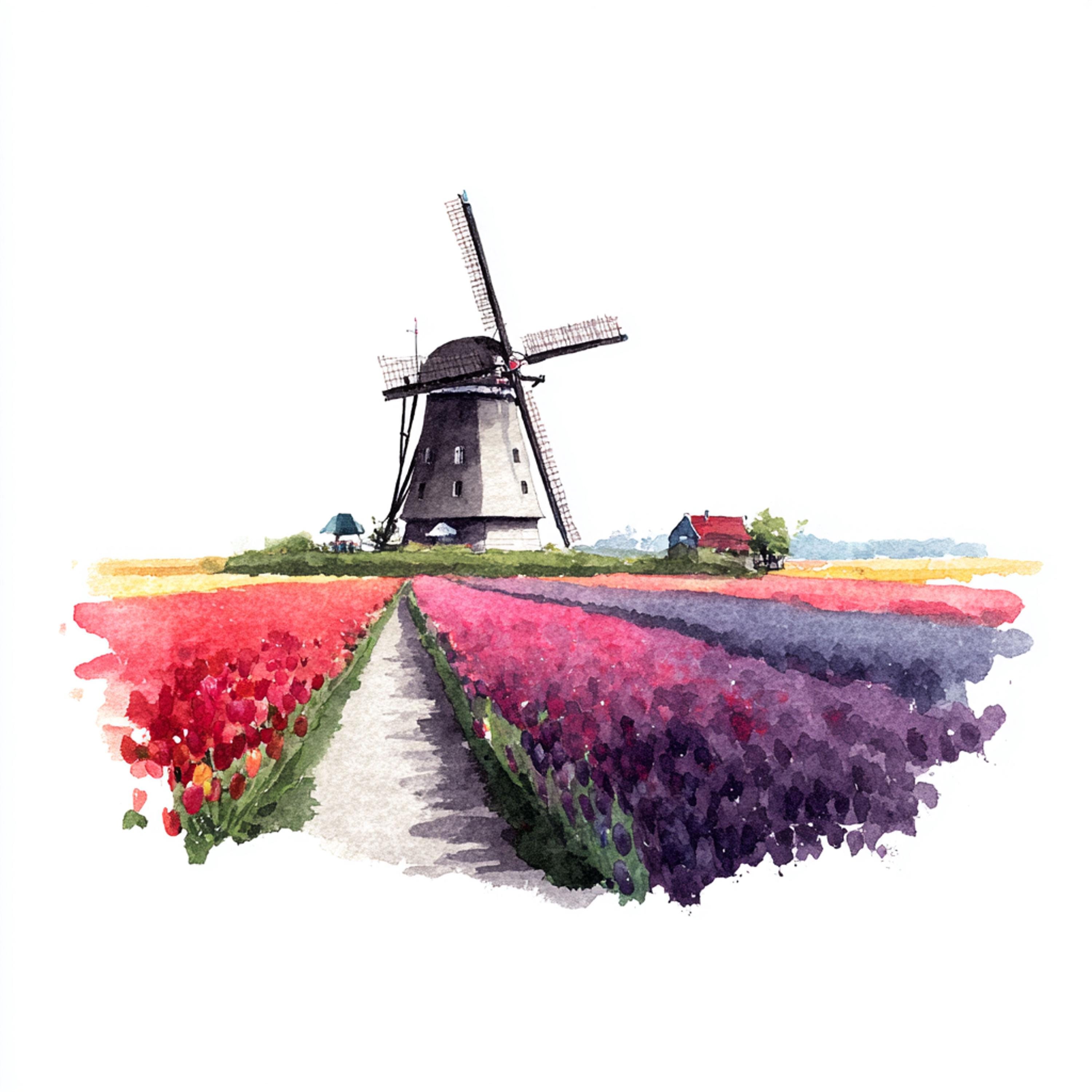 12 Printable Windmills, Watercolor Windmill and Tulip Fields Clipart