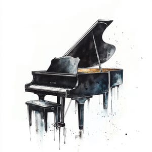 Pu&ograve; includere: Illustrazione ad acquerello di un pianoforte a coda nero con il coperchio aperto, che rivela i tasti e l'interno. Un panchetto per pianoforte abbinato &egrave; di fronte. L'opera d'arte ha uno stile pittorico con effetti di vernice gocciolante e sfondo bianco.