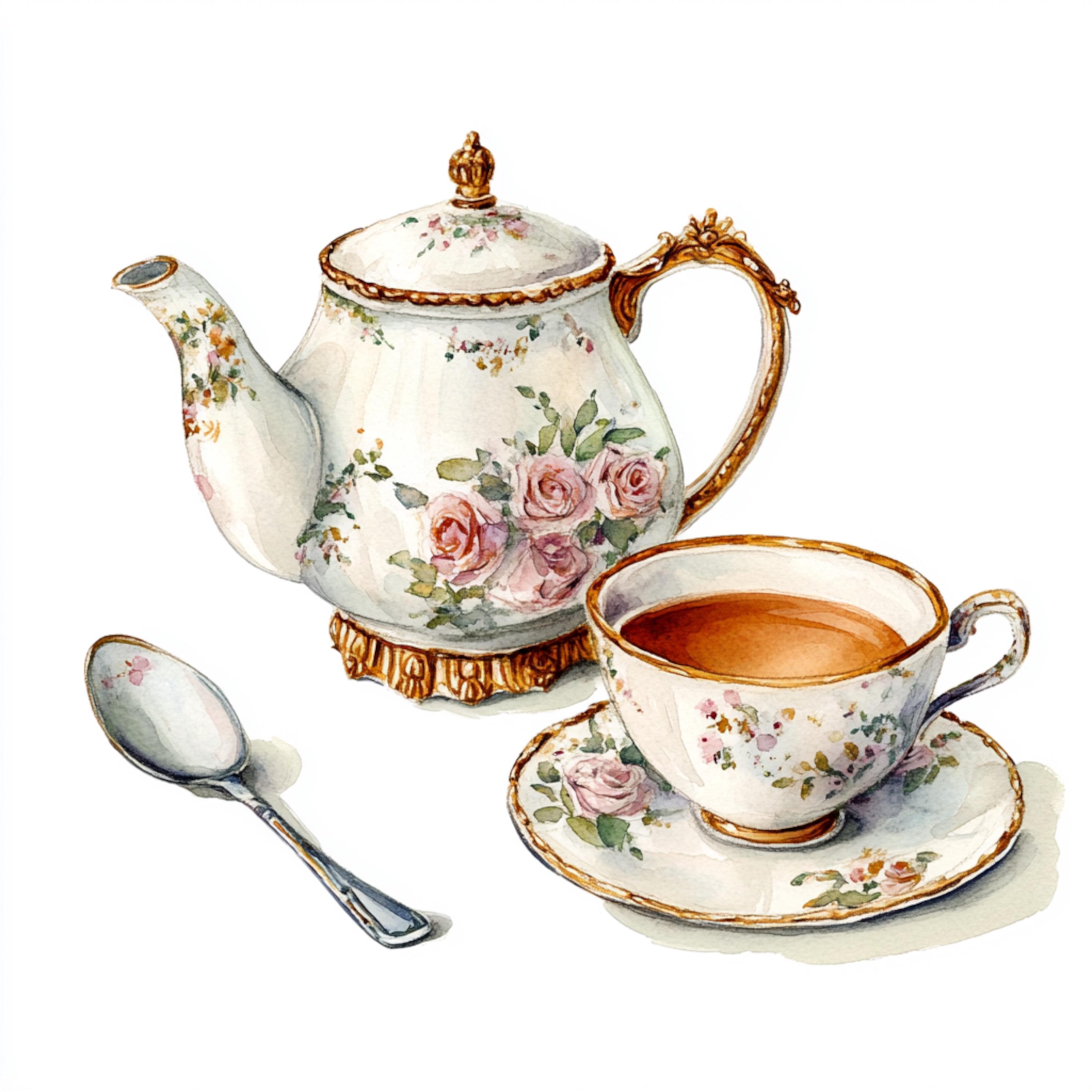 Prinatable Tea Set Printable Tea Set Art, Watercolor Tea Set, Rococo Style Tea Set ...