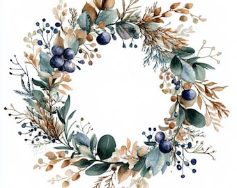 Couronnes de Noël, images aquarelles, couronnes d'étoiles de Noël, 10 images clipart, fichiers JPG imprimables, téléchargement immédiat, couronnes de pin, conception de papier
