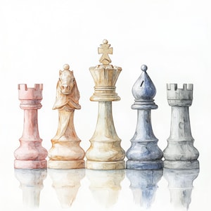 May include: Watercolor painting of five chess pieces: a rook, knight, king, bishop, and rook. The pieces are in shades of pink, beige, and gray, with a reflective surface below. The king is the tallest piece.