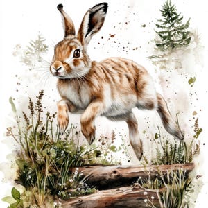 May include: A watercolour painting of a brown and white rabbit leaping over a log in a woodland setting. The rabbit is in mid-air with its paws outstretched. The background features green foliage and a small tree.