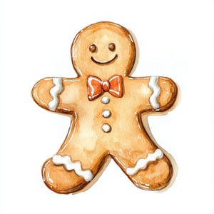 May include: Watercolor illustration of a gingerbread man with a smiling face, a red bow tie, and white icing details. The gingerbread man has three white buttons down the center and white icing on the arms and legs. The overall color palette is brown, white, and red.