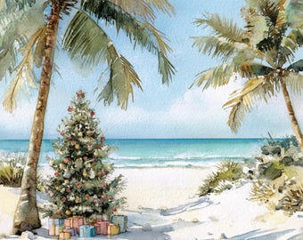 May include: Watercolor painting of a Christmas tree on a sandy beach, decorated with ornaments and a star. Palm trees frame the scene, with the ocean and blue sky in the background. Presents are at the base of the tree.