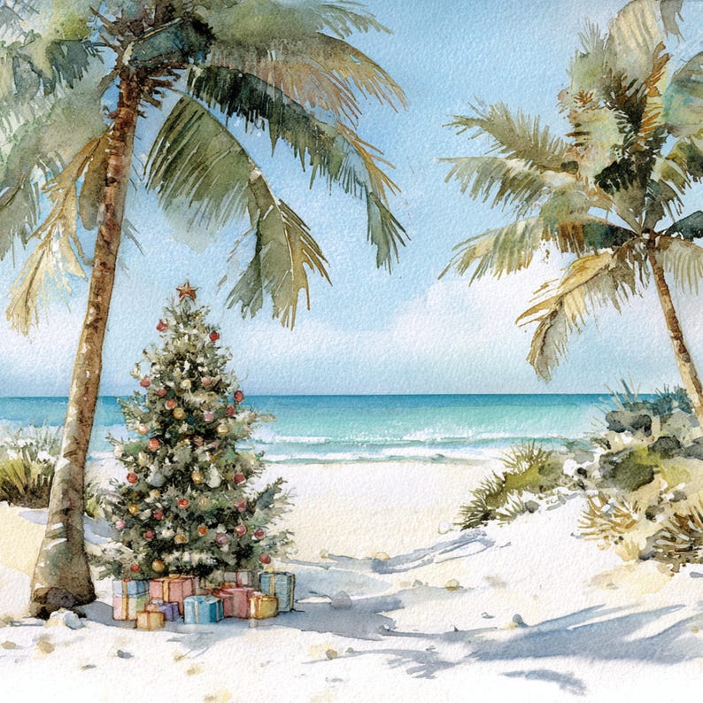 May include: Watercolor painting of a Christmas tree on a sandy beach, decorated with ornaments and a star. Palm trees frame the scene, with the ocean and blue sky in the background. Presents are at the base of the tree.