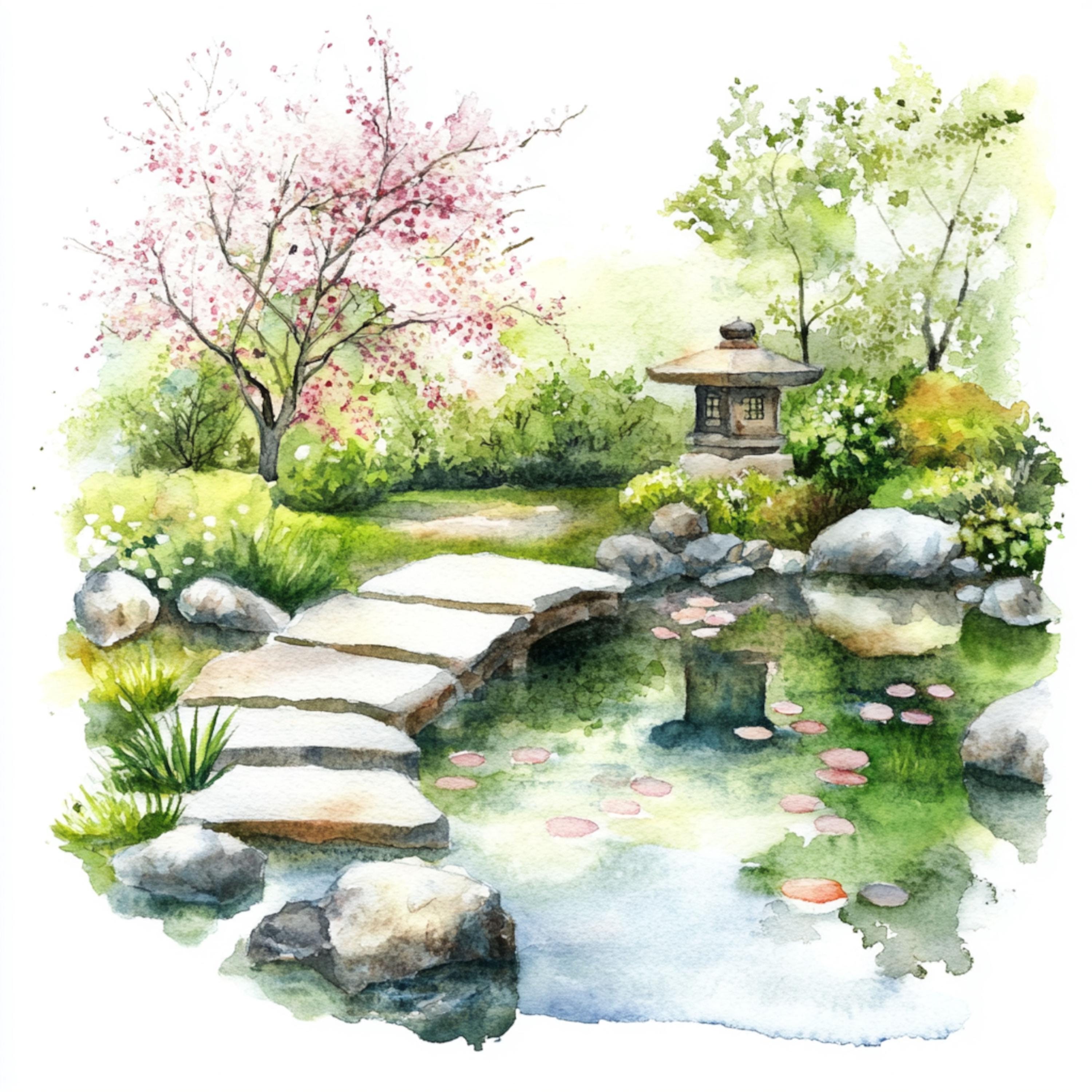 10 印刷可能な日本庭園、水彩画の庭園、桜公園のプリント、和風、商業