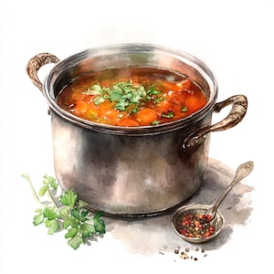 Könnte beinhalten: Aquarell-Illustration eines Topfes mit Tomatensuppe, garniert mit frischer Petersilie. Ein kleiner Löffel enthält Pfefferkörner, und ein Zweig Petersilie liegt neben dem Topf. Der Topf hat verzierte Griffe.