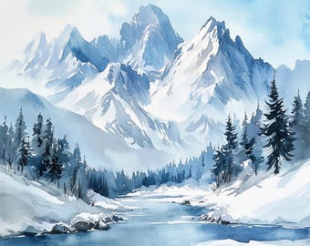 Winter Mountains Landscape, Watercolor Snowy Mountain, Christmas