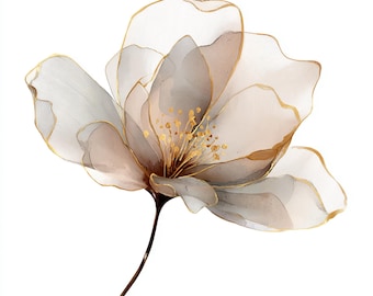 10 Fleur abstraite imprimable, fleur beige aquarelle, clipart fleurs transparentes, usage commercial, fleurs beiges avec ligne or, créations en papier