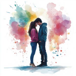 Couple amoureux à imprimer, aquarelle amoureux déchu, adolescents amoureux mignons, usage commercial, décoration amour en papier, création de carte-cadeau amour
