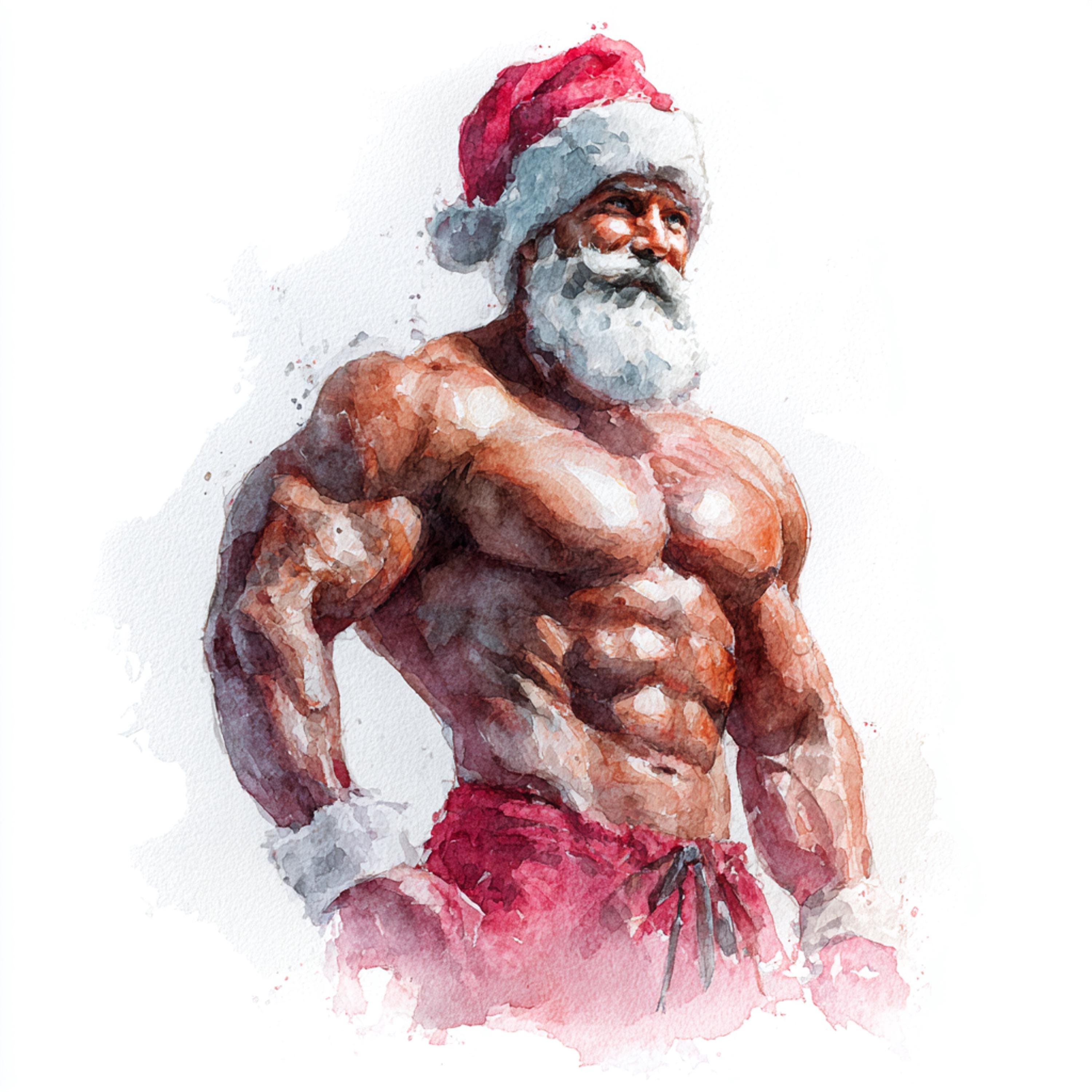 12 Printable Muscle Santa, Watercolor Santa Clipart, Commercial Use ...