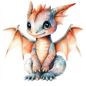May include: A watercolor painting of a cute, cartoon dragon with orange and blue scales. The dragon has large, expressive eyes and a friendly smile. It is sitting with its wings spread out behind it.