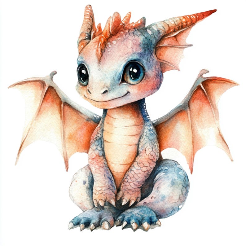 May include: A watercolor painting of a cute, cartoon dragon with orange and blue scales. The dragon has large, expressive eyes and a friendly smile. It is sitting with its wings spread out behind it.