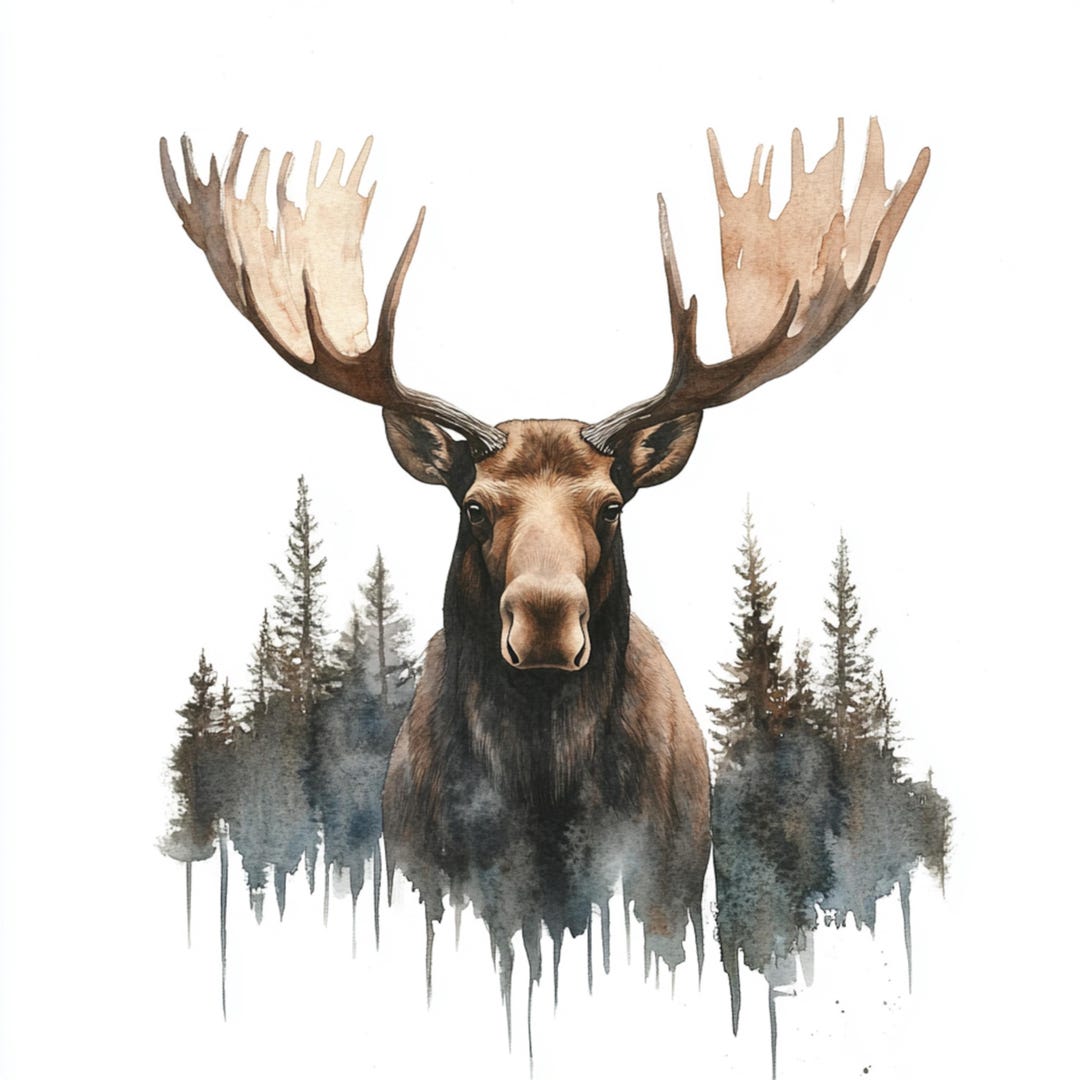 10 Printable Moose in Forest Landscape Art, Moose Card, Watercolor ...